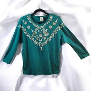 Vintage Laura Rogers Originals Sweater Womans Small Green Hand Painted Bedazzled